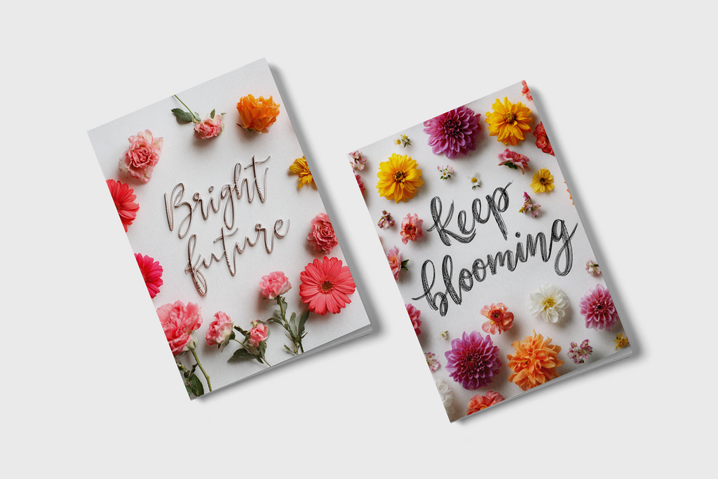 Two greeting cards with floral designs and text on a white background