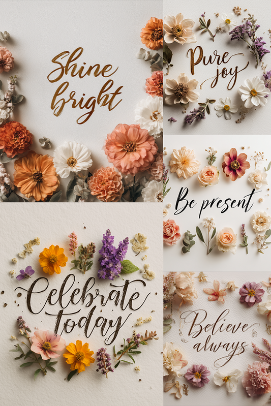 Collage of floral arrangements with motivational phrases on a light background