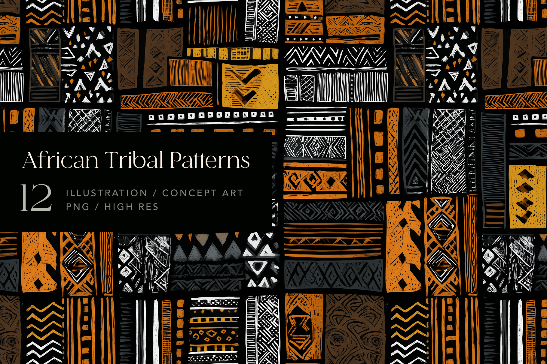 Collection of African tribal patterns with a black background