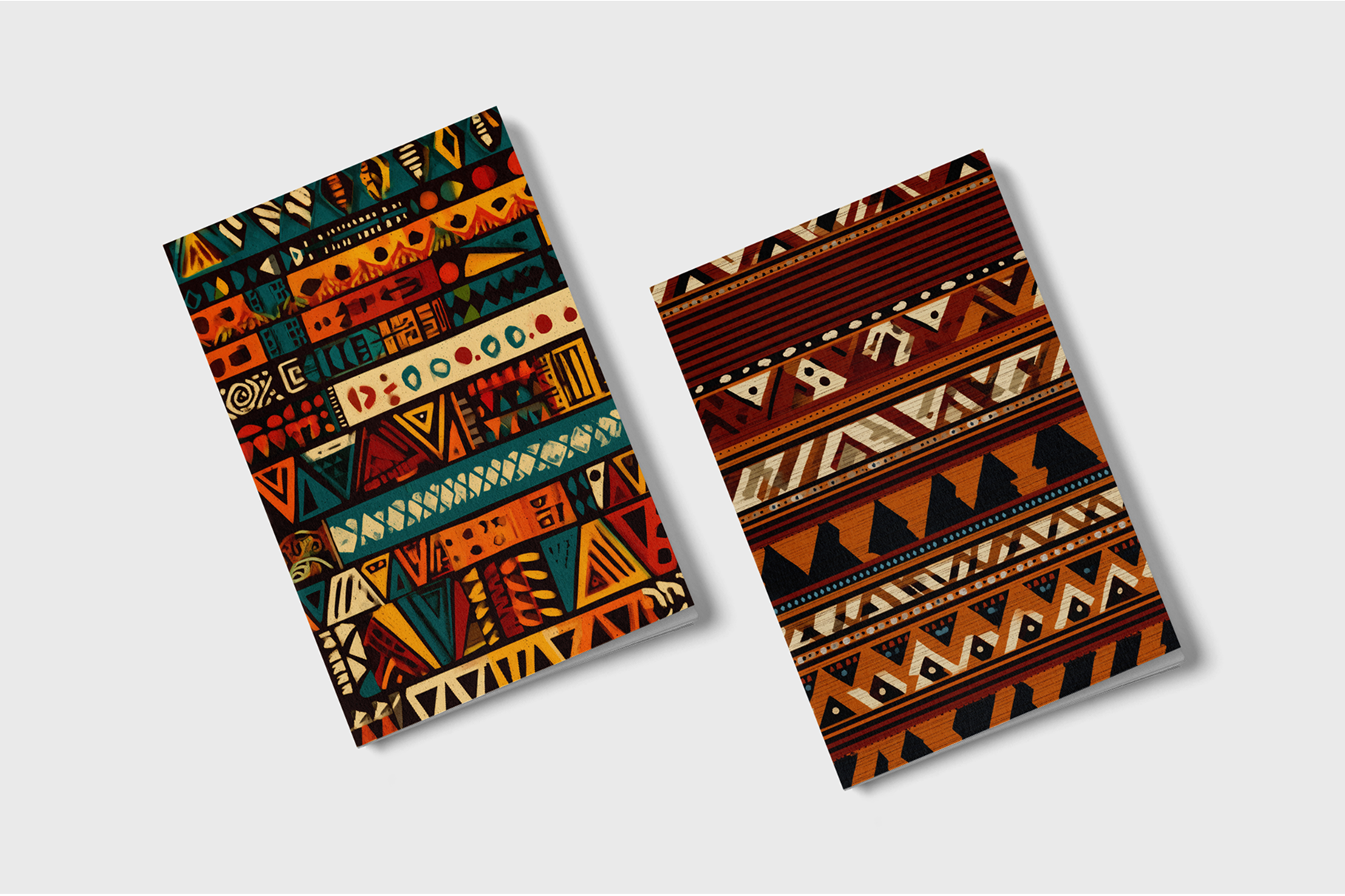 Two notebooks with tribal pattern covers on a light gray background