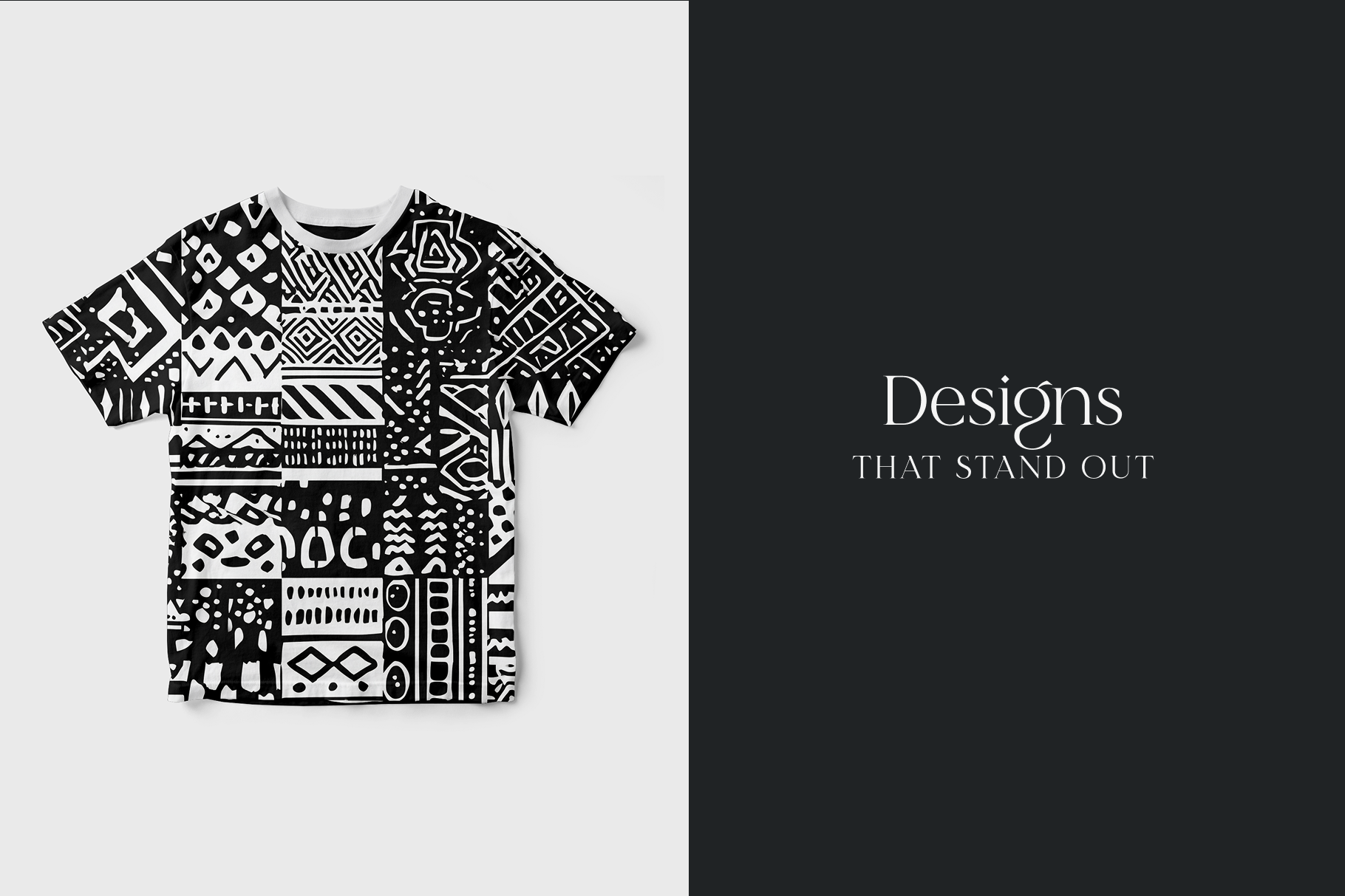 Black and white patterned t-shirt on a white background with text 'Designs THAT STAND OUT' on a black background.