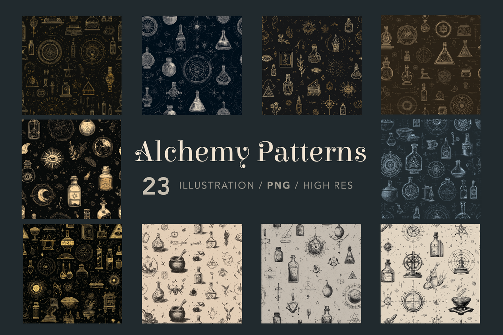 Collection of alchemy patterns with illustrations on a dark background.