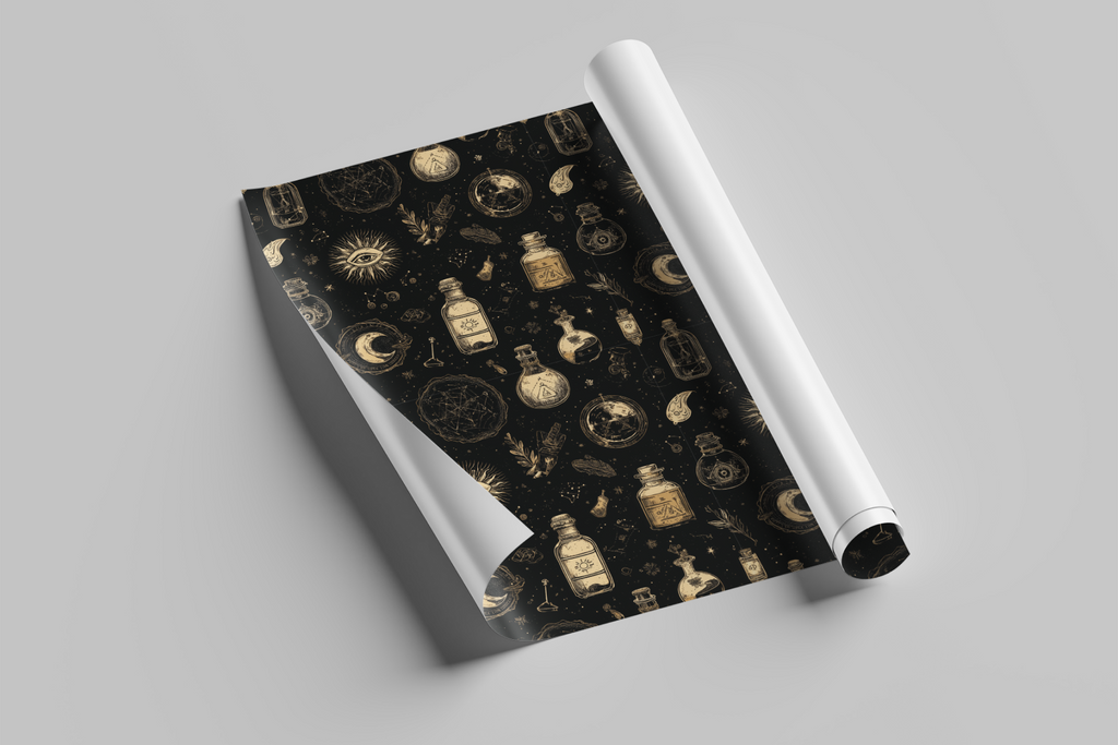 Roll of wrapping paper with vintage potion bottle design on a gray background