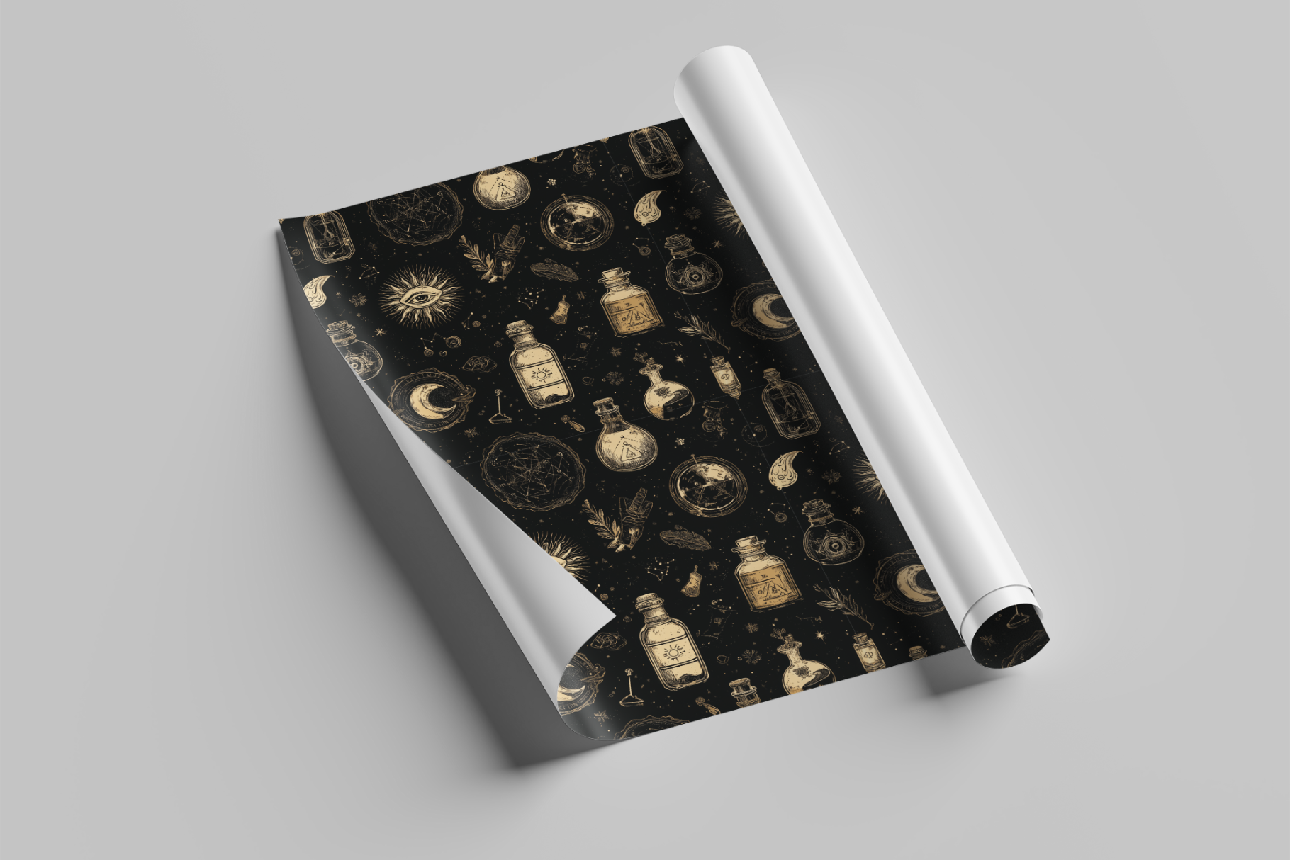 Roll of wrapping paper with vintage potion bottle design on a gray background