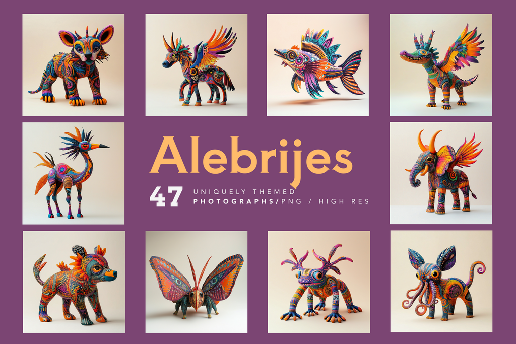 A collection of colorful Alebrijes, which are fantastical creatures inspired by traditional Mexican folk art, displayed in various poses and expressions.