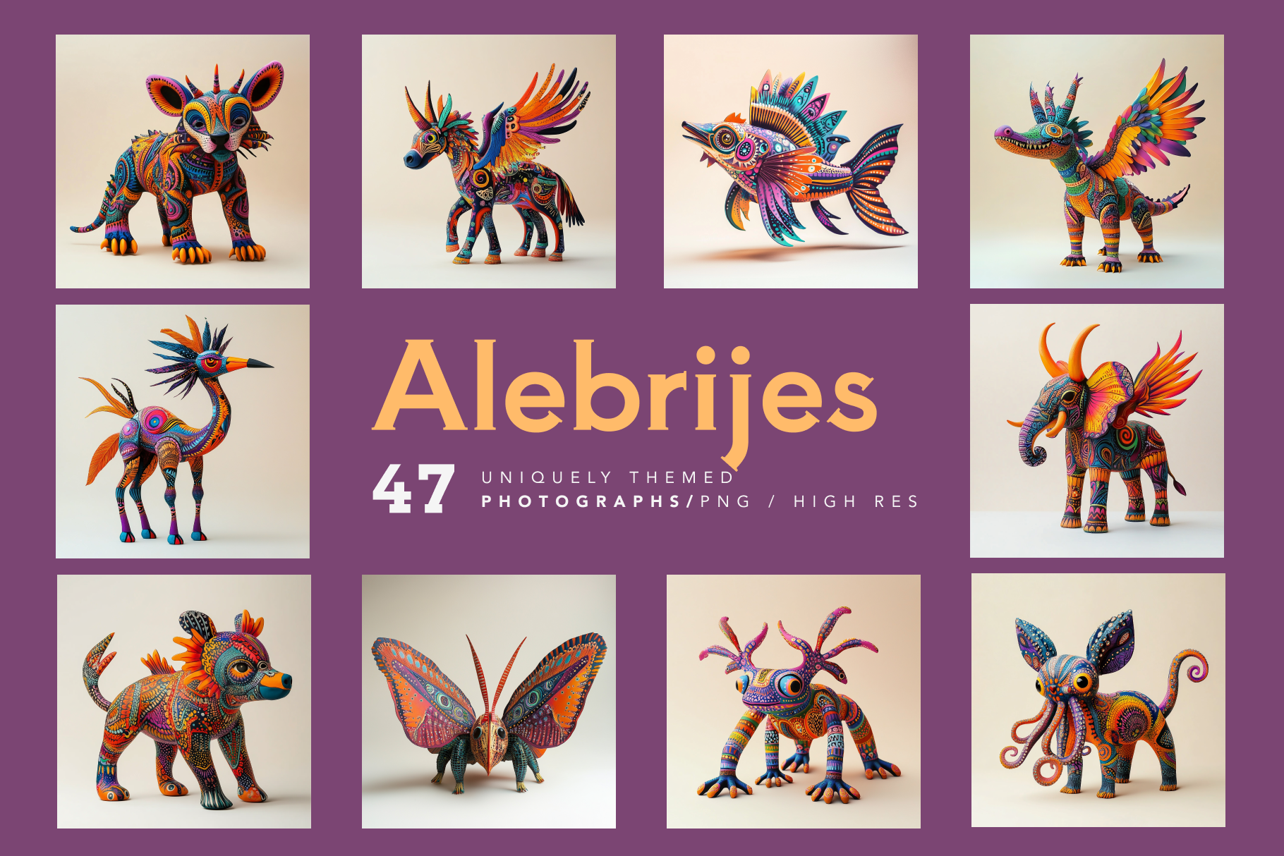 A collection of colorful Alebrijes, which are fantastical creatures inspired by traditional Mexican folk art, displayed in various poses and expressions.