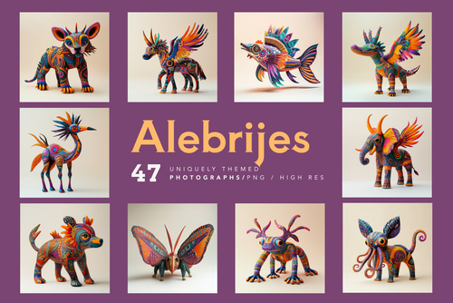 A collection of colorful Alebrijes, which are fantastical creatures inspired by traditional Mexican folk art, displayed in various poses and expressions.