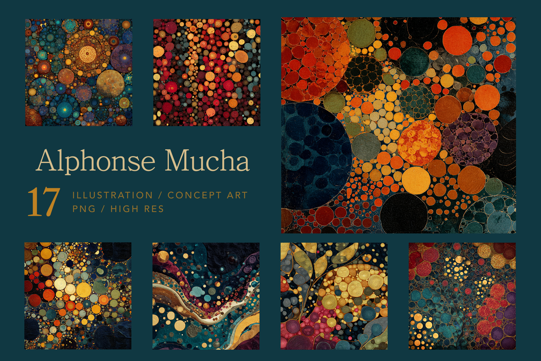 Collection of colorful abstract patterns with Alphonse Mucha branding on a dark blue background.