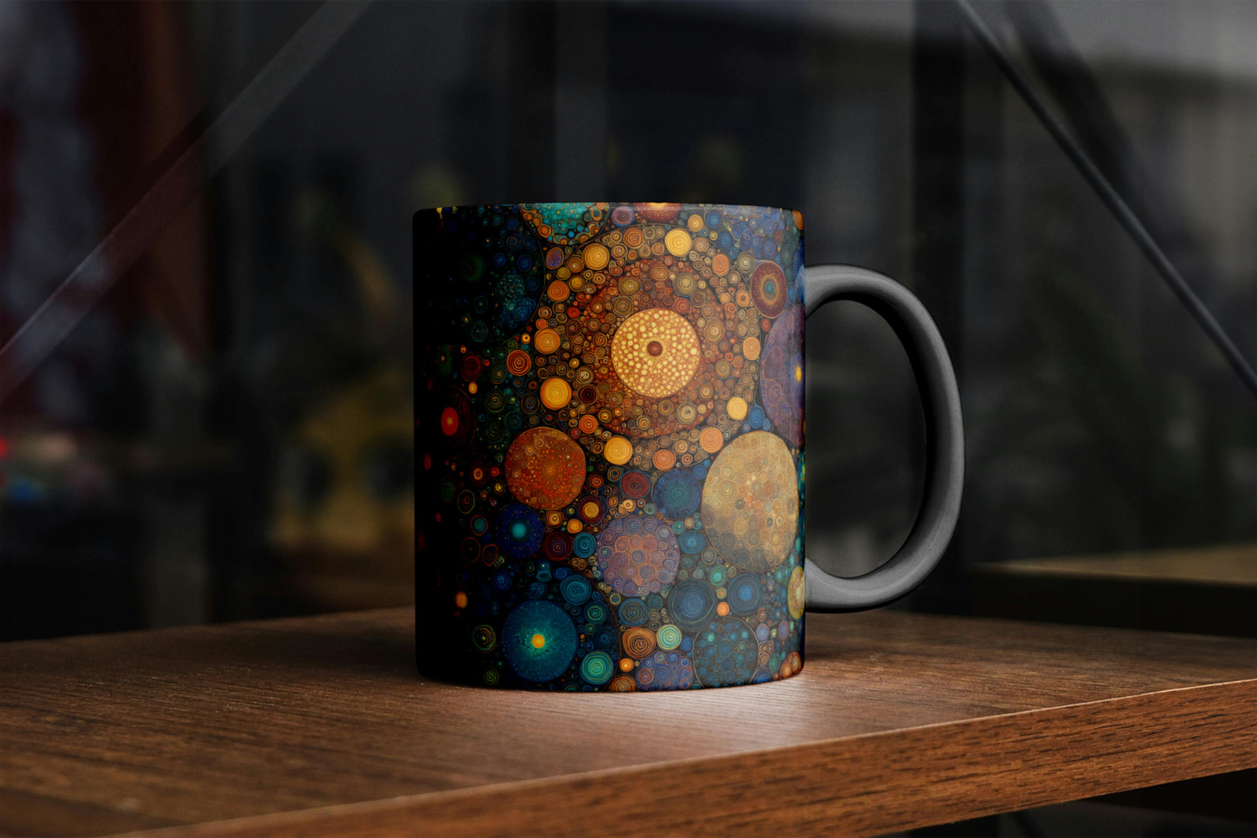 Colorful mug with abstract design on a wooden surface