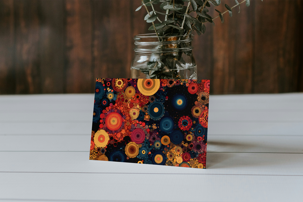 Decorative card with floral design next to a jar with plants on a wooden surface