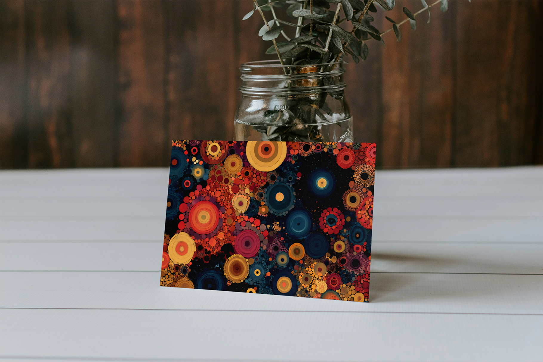 Decorative card with floral design next to a jar with plants on a wooden surface