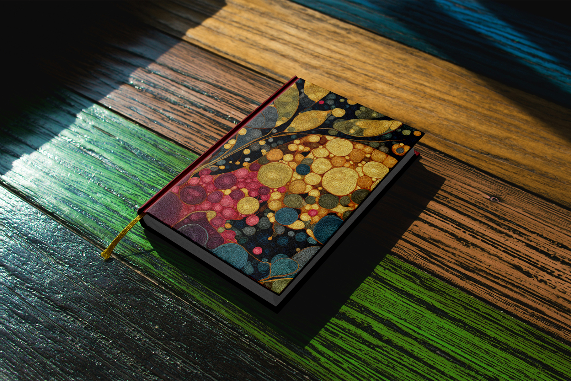 Colorful textured notebook on a wooden surface