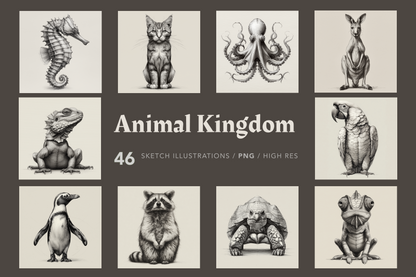 Collection of black and white animal illustrations with 'Animal Kingdom' text.