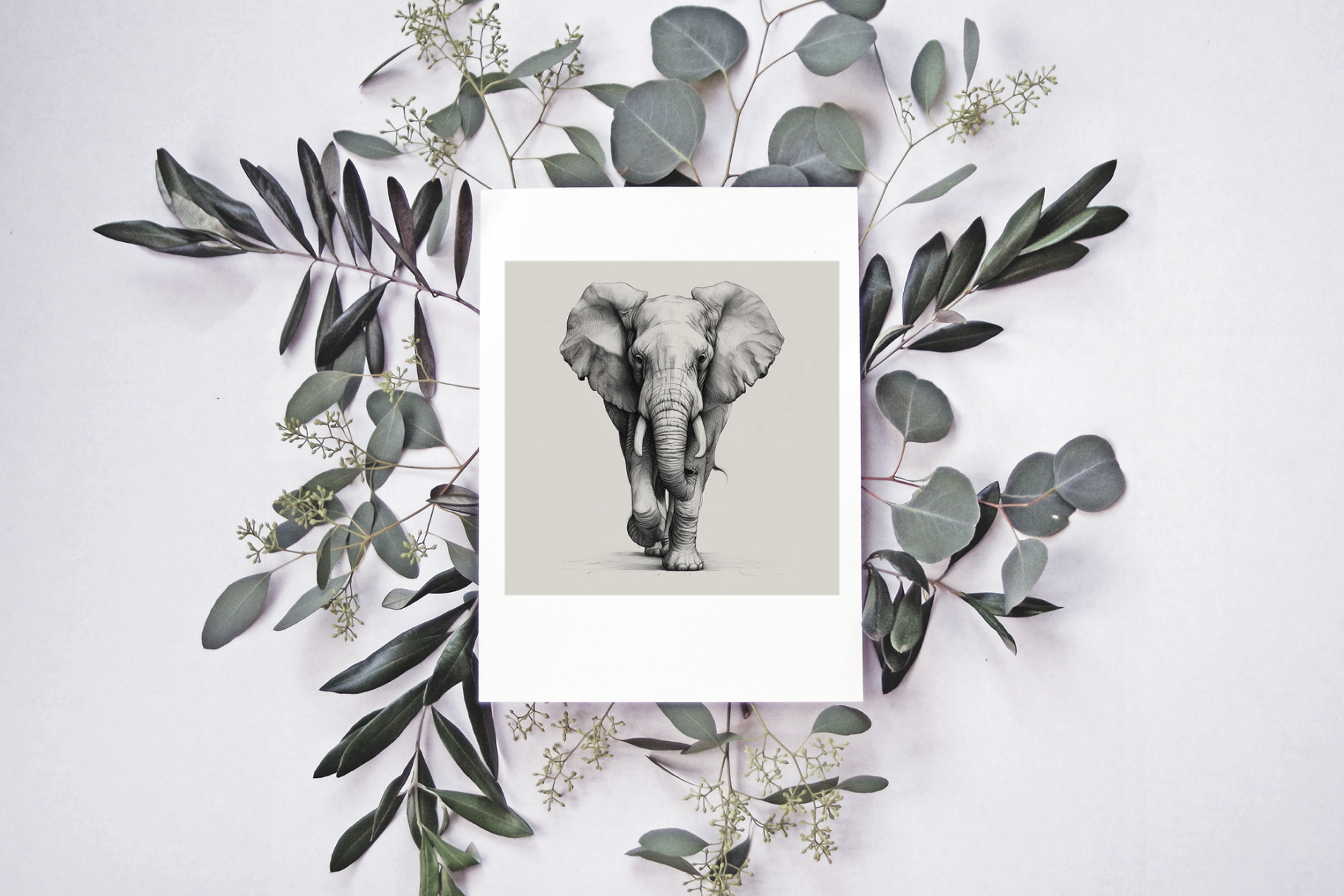 Framed picture of an elephant surrounded by green leaves on a light background