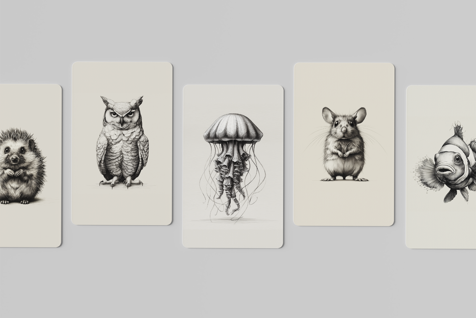Set of five illustrated cards featuring animals on a gray background