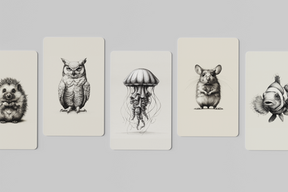 Set of five illustrated cards featuring animals on a gray background