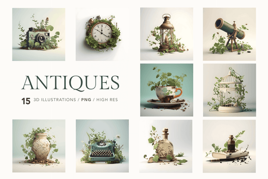A series of illustrated antique objects