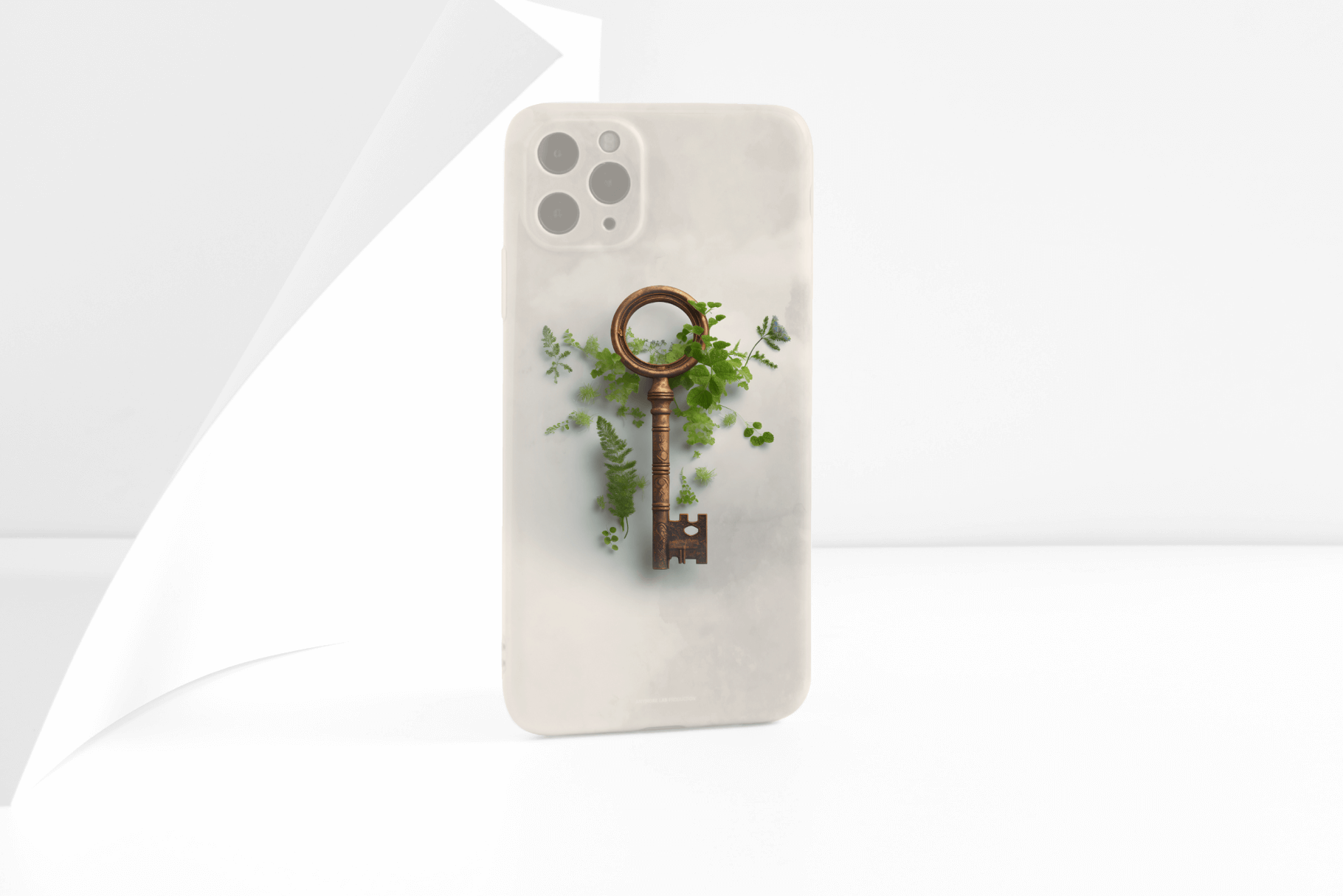 Phone case showcasing an antique key with ivy elements