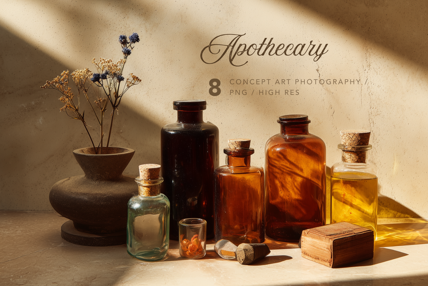 Apothecary theme with vintage bottles and a pot on a textured surface.