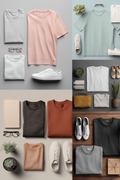 A collage of six flat-lay outfits showcasing different colorways of matching basic crewneck t-shirts, paired with white sneakers, eyeglasses, and small accessories on neutral and wood backgrounds.