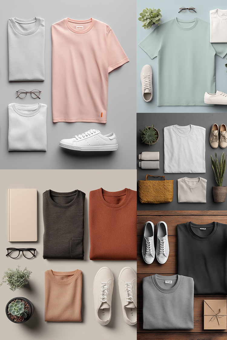 A collage of six flat-lay outfits showcasing different colorways of matching basic crewneck t-shirts, paired with white sneakers, eyeglasses, and small accessories on neutral and wood backgrounds.