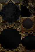 Black and gold Art Deco style digital template with multiple decorative frames and ornate geometric borders on a textured black background.