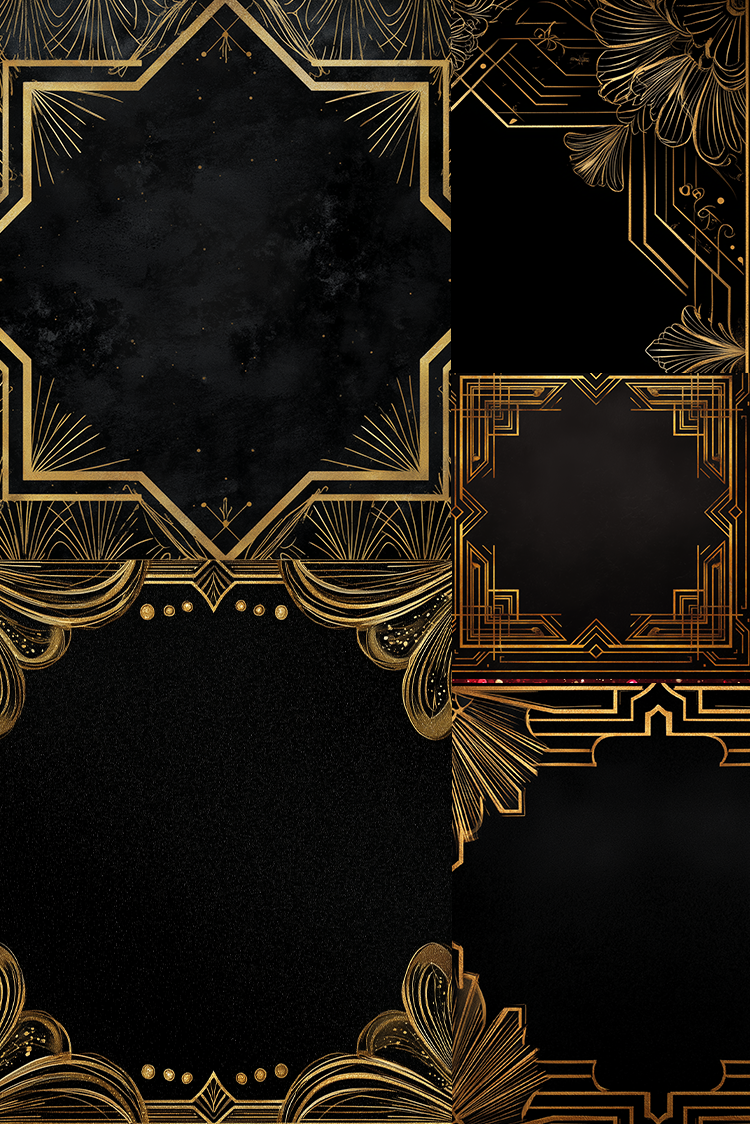 Black and gold Art Deco style digital template with multiple decorative frames and ornate geometric borders on a textured black background.