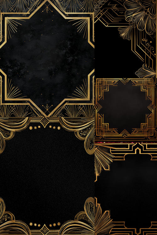 Black and gold Art Deco style digital template with multiple decorative frames and ornate geometric borders on a textured black background.