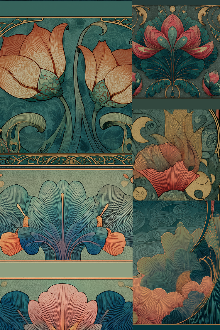 A collage of six Art Nouveau style floral panels featuring stylized tulips, lotus flowers, and botanical motifs in teal, pink, coral, and gold tones.