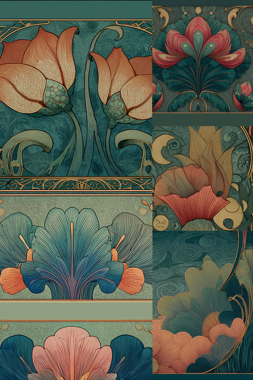 A collage of six Art Nouveau style floral panels featuring stylized tulips, lotus flowers, and botanical motifs in teal, pink, coral, and gold tones.