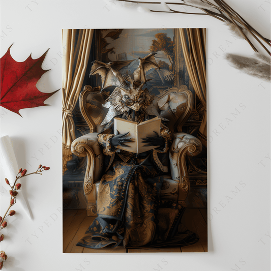 A poster of a dragon reading a book.