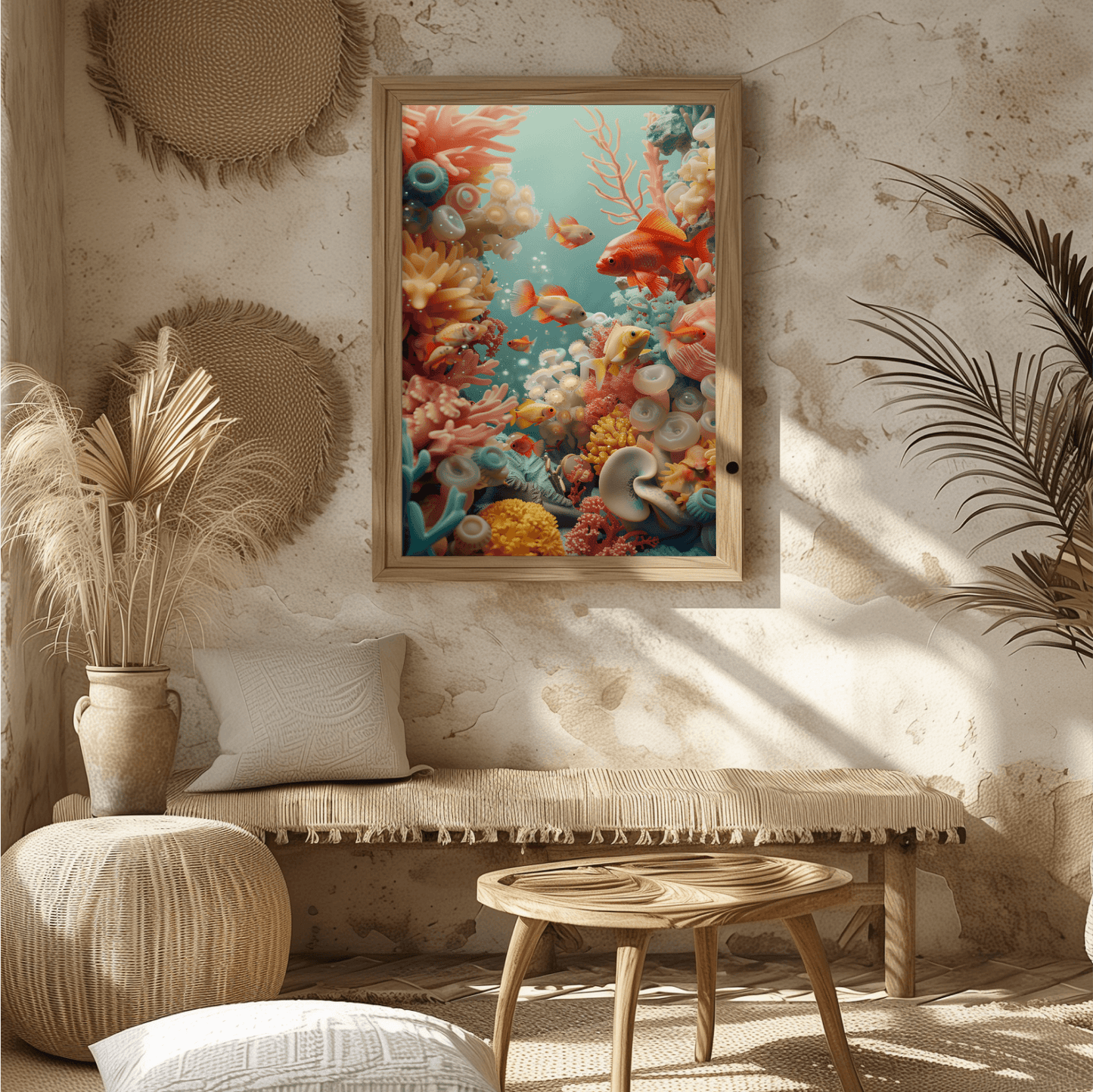 A framed art print of a coral reef with fish swimming