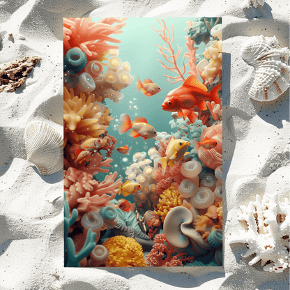 A posted of a coral reef and fish