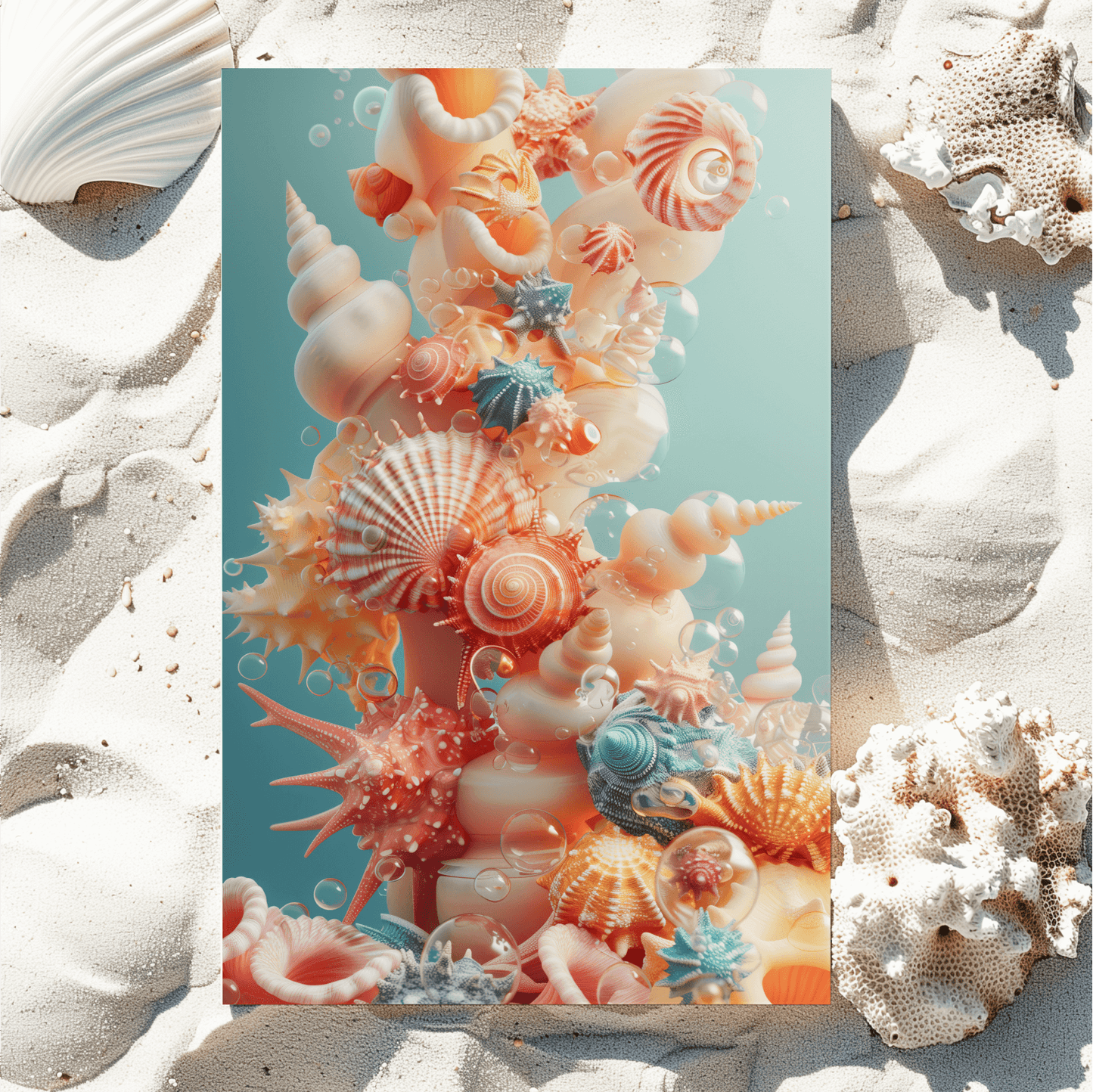 A poster of sea shells at the bottom of the sea.