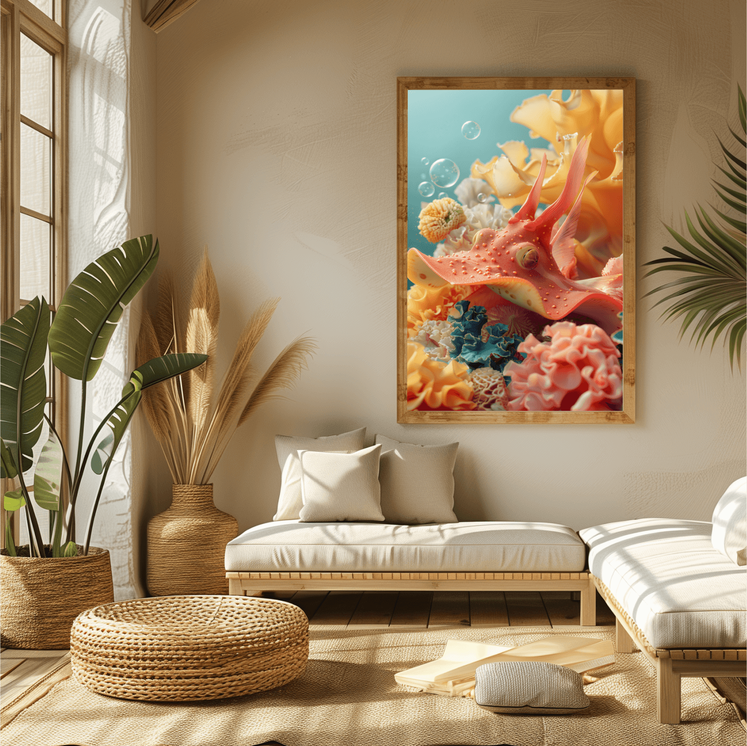 A framed poster of a stingray swimming in a coral reef.