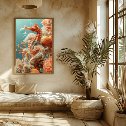A framed art print of a seahorse in a coral reef.