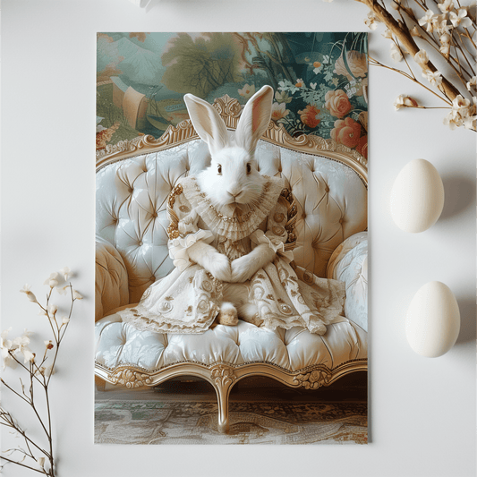 A poster of a white rabbit sitting on a chair