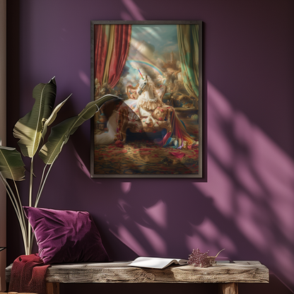 A framed art print of a unicorn in a living room interior