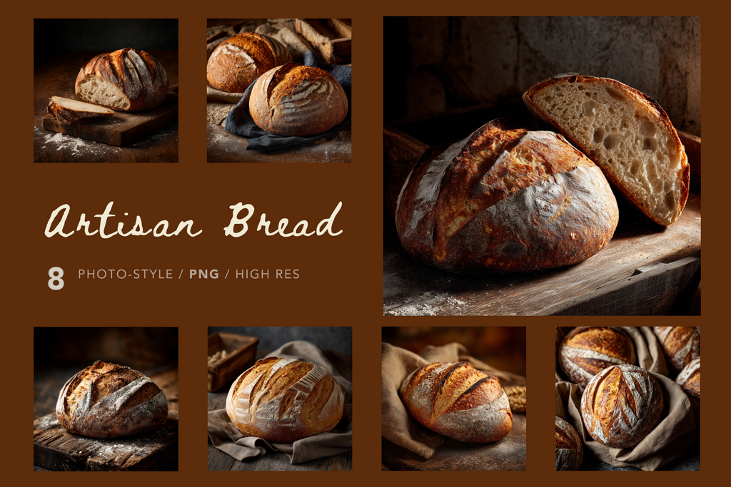 Collage of artisan bread photos with a brown background