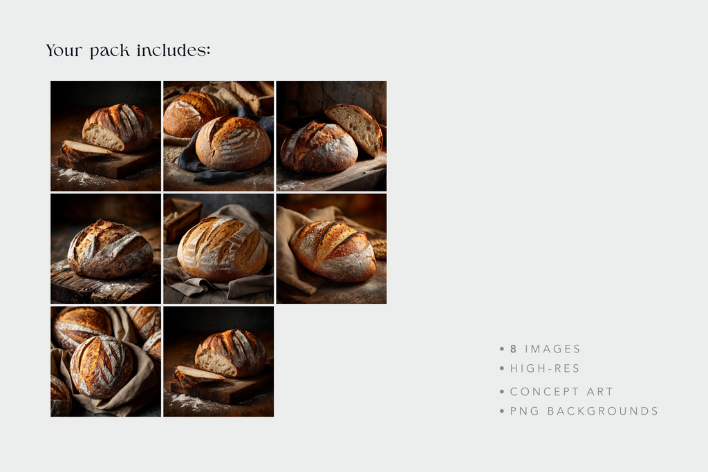 Grid of bread images with text indicating pack contents on a light gray background