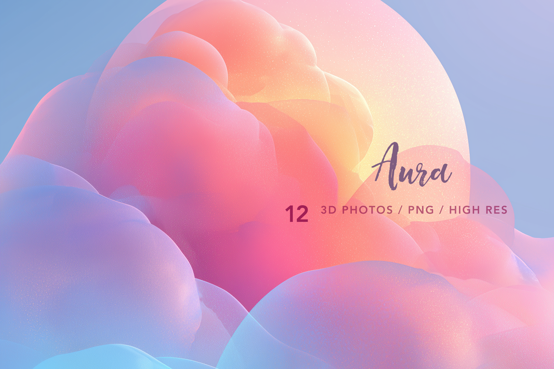 Gradient colorful 3D sphere with 'Aura' branding and product details on a light blue background.