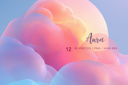 Gradient colorful 3D sphere with 'Aura' branding and product details on a light blue background.