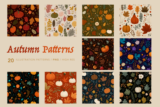 Collection of autumn-themed patterns with pumpkins and leaves on a beige background.