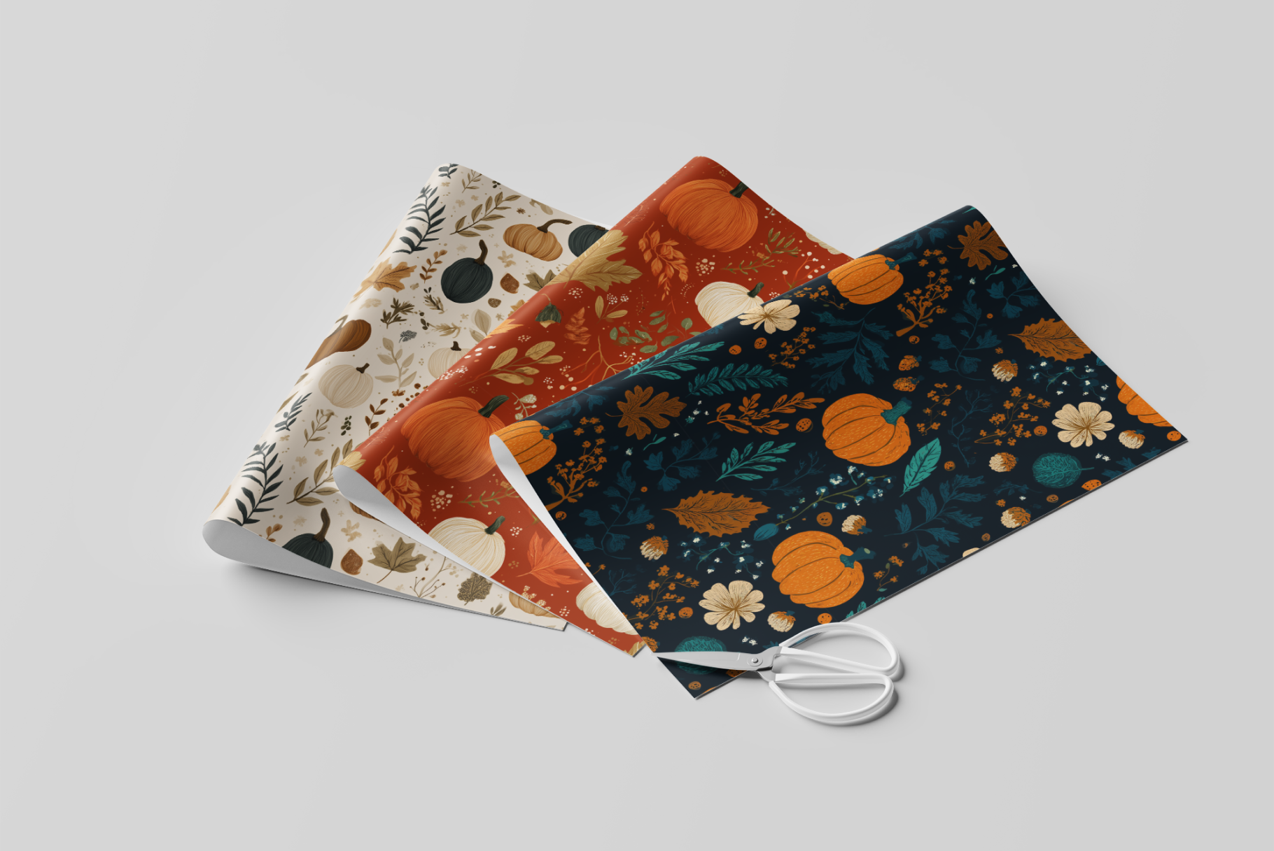 Three fabric swatches with autumnal patterns and a pair of scissors on a light gray background