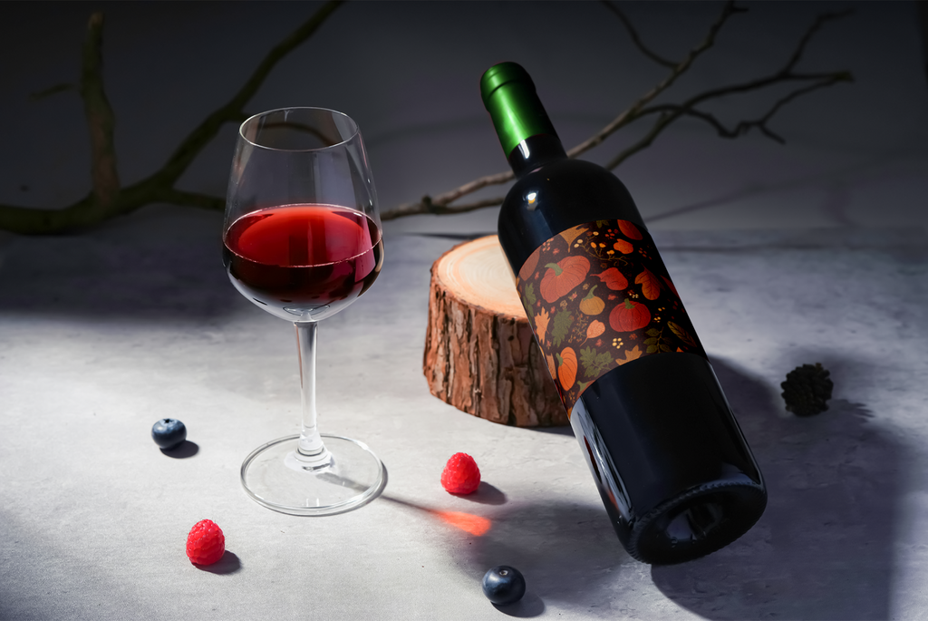 Bottle of red wine and glass on a wooden block with berries on a dark background