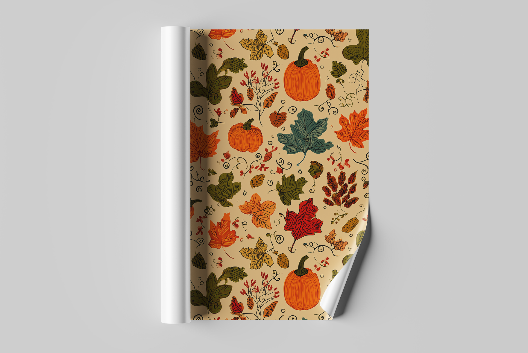 Notebook with autumn-themed cover featuring pumpkins and leaves on a gray background