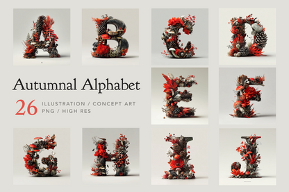 Autumn-themed alphabet letters with decorative elements on a light gray background