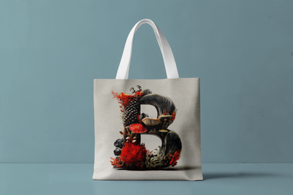 Tote bag with a decorative letter 'B' design on a gray background
