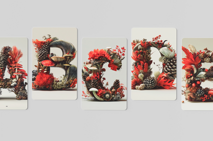 Decorative cards with floral and pinecone designs on a gray background