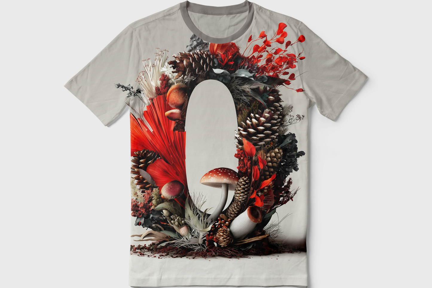 T-shirt with a nature-themed design featuring mushrooms and leaves on a white background